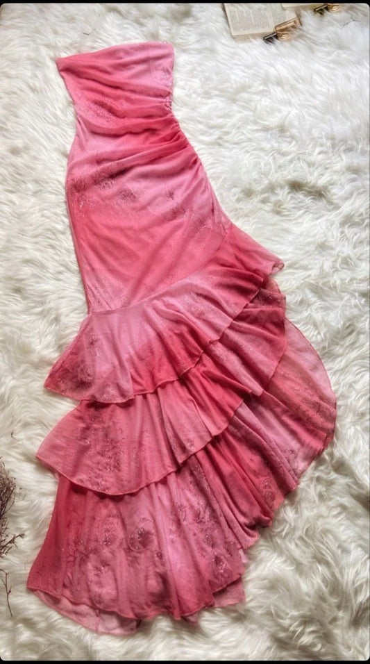 Pink Pretty Charming Fashion Tube Top Long Ruffle Chiffon Ball Gown Evening Dress Party Dress nv3436