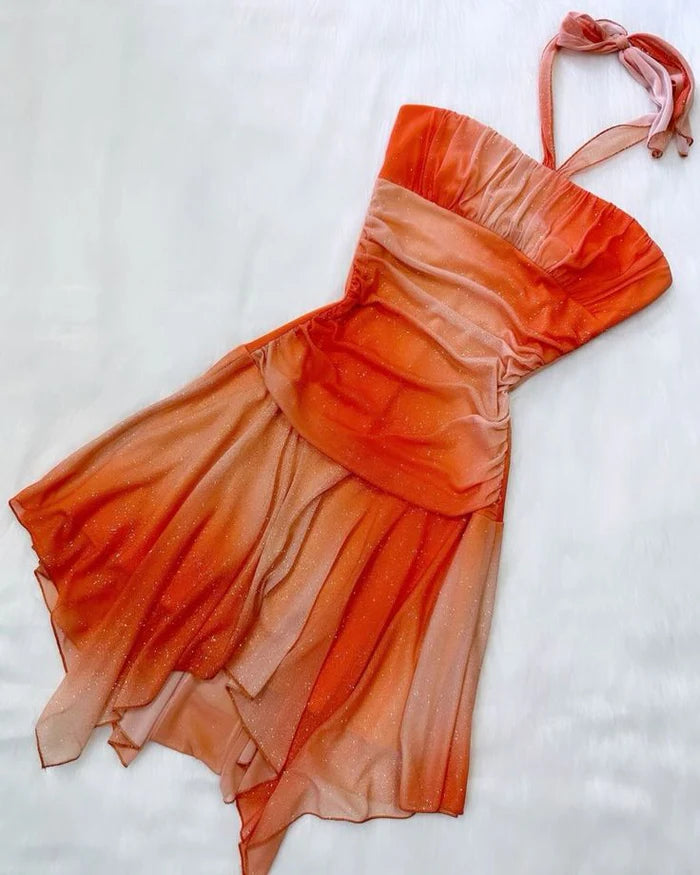 NiceVestidos - Orange Hosenträger Mode glänzend Fee Kleid kurze Chiffon Geburtstagskleid Homecoming Kleid Partykleid NV5698