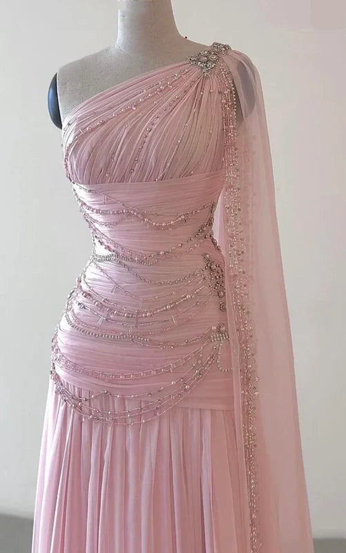 Pink Beaded Elegant Floor-Mounting Maxi Dress Long tulle Ball Gown Evening Dress nv2645