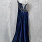 Marineblau Wunderschöne Mode Elegante A-Linie Rückenfrei Ärmellos Schlitz Perlen Langes Ballkleid Abend Partykleid Ballkleid nv3846