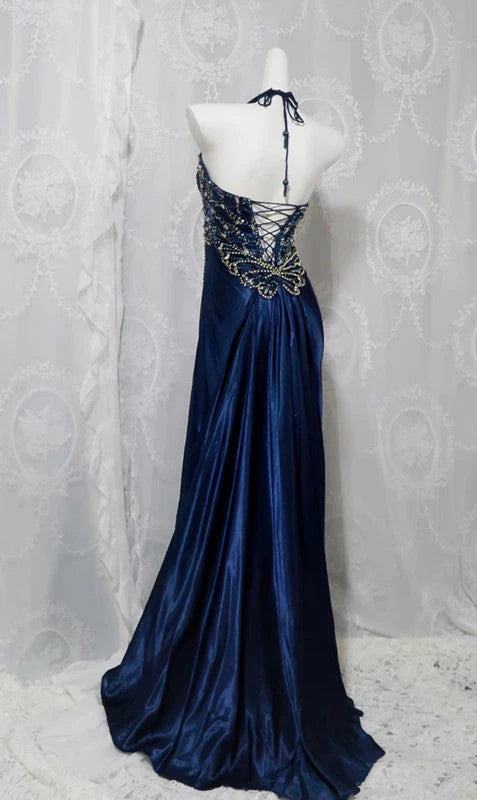 Marineblau Wunderschöne Mode Elegante A-Linie Rückenfrei Ärmellos Schlitz Perlen Langes Ballkleid Abend Partykleid Ballkleid nv3846