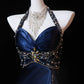 Robe de soirée longue en satin bleu vintage élégante et exquise, dos nu, avec perles, nv3625