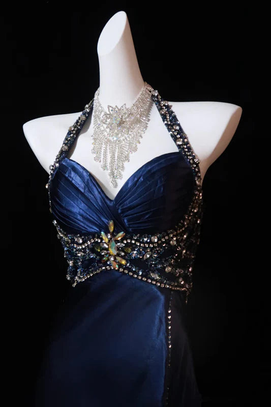 Robe de soirée longue en satin bleu vintage élégante et exquise, dos nu, avec perles, nv3625