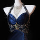 Marineblau Wunderschöne Mode Elegante A-Linie Rückenfrei Ärmellos Schlitz Perlen Langes Ballkleid Abend Partykleid Ballkleid nv3846
