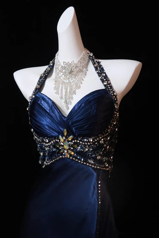 Marineblau Wunderschöne Mode Elegante A-Linie Rückenfrei Ärmellos Schlitz Perlen Langes Ballkleid Abend Partykleid Ballkleid nv3846