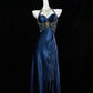 Robe de soirée longue en satin bleu vintage élégante et exquise, dos nu, avec perles, nv3625