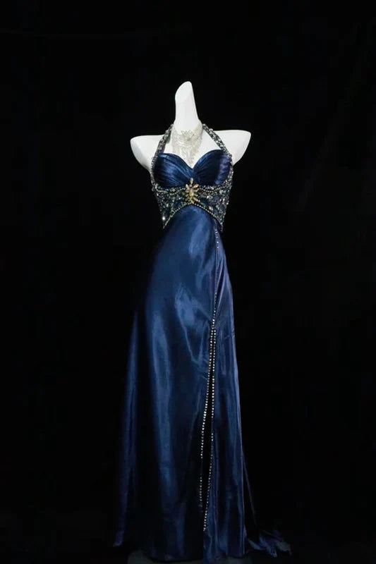 Robe de soirée longue en satin bleu vintage élégante et exquise, dos nu, avec perles, nv3625