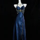 Marineblau Wunderschöne Mode Elegante A-Linie Rückenfrei Ärmellos Schlitz Perlen Langes Ballkleid Abend Partykleid Ballkleid nv3846