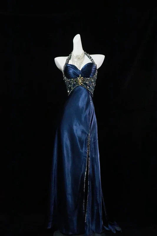 Marineblau Wunderschöne Mode Elegante A-Linie Rückenfrei Ärmellos Schlitz Perlen Langes Ballkleid Abend Partykleid Ballkleid nv3846