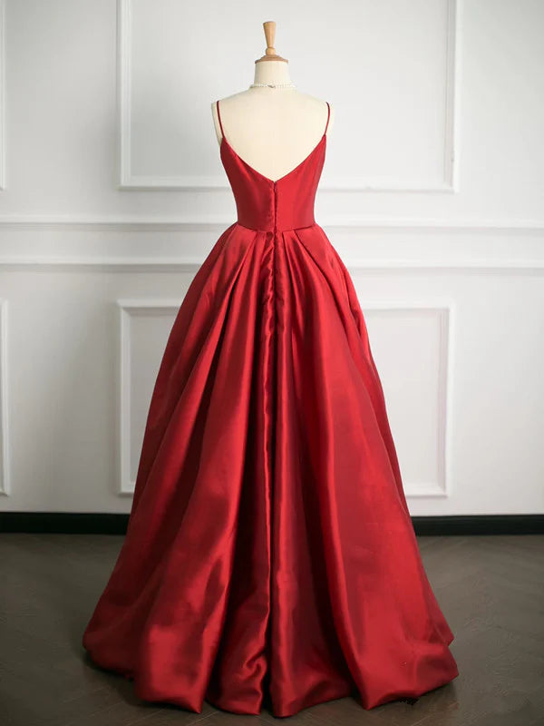 Red satin spaghetti straps long elegant ball gown evening dress nv3404