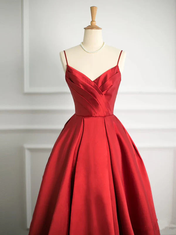 Red satin spaghetti straps long elegant ball gown evening dress nv3404