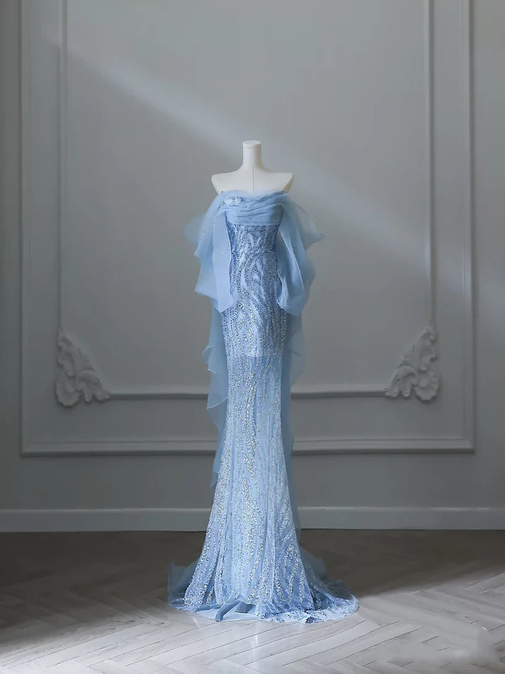 Blaues wunderschönes, modisches, exquisites, perlenbesetztes, langes, bodenlanges Tüll-Abschlussballkleid, Abendkleid, Geburtstagspartykleid, NV3733