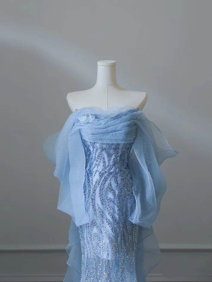 Blaues wunderschönes, modisches, exquisites, perlenbesetztes, langes, bodenlanges Tüll-Abschlussballkleid, Abendkleid, Geburtstagspartykleid, NV3733