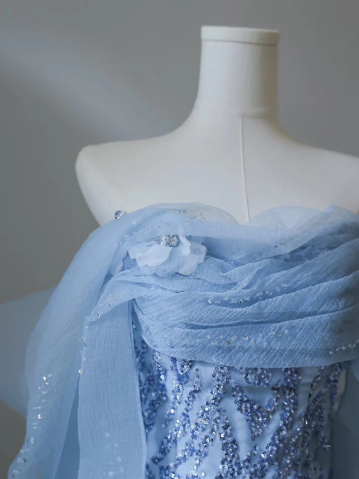 Blaues wunderschönes, modisches, exquisites, perlenbesetztes, langes, bodenlanges Tüll-Abschlussballkleid, Abendkleid, Geburtstagspartykleid, NV3733