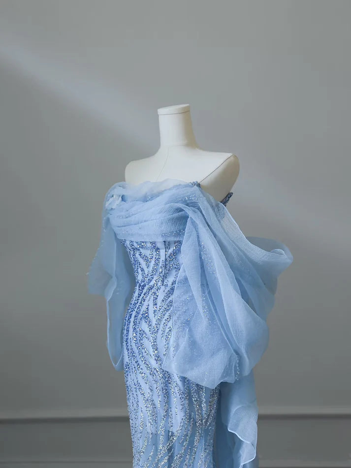 Blaues wunderschönes, modisches, exquisites, perlenbesetztes, langes, bodenlanges Tüll-Abschlussballkleid, Abendkleid, Geburtstagspartykleid, NV3733
