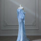 Blaues wunderschönes, modisches, exquisites, perlenbesetztes, langes, bodenlanges Tüll-Abschlussballkleid, Abendkleid, Geburtstagspartykleid, NV3733
