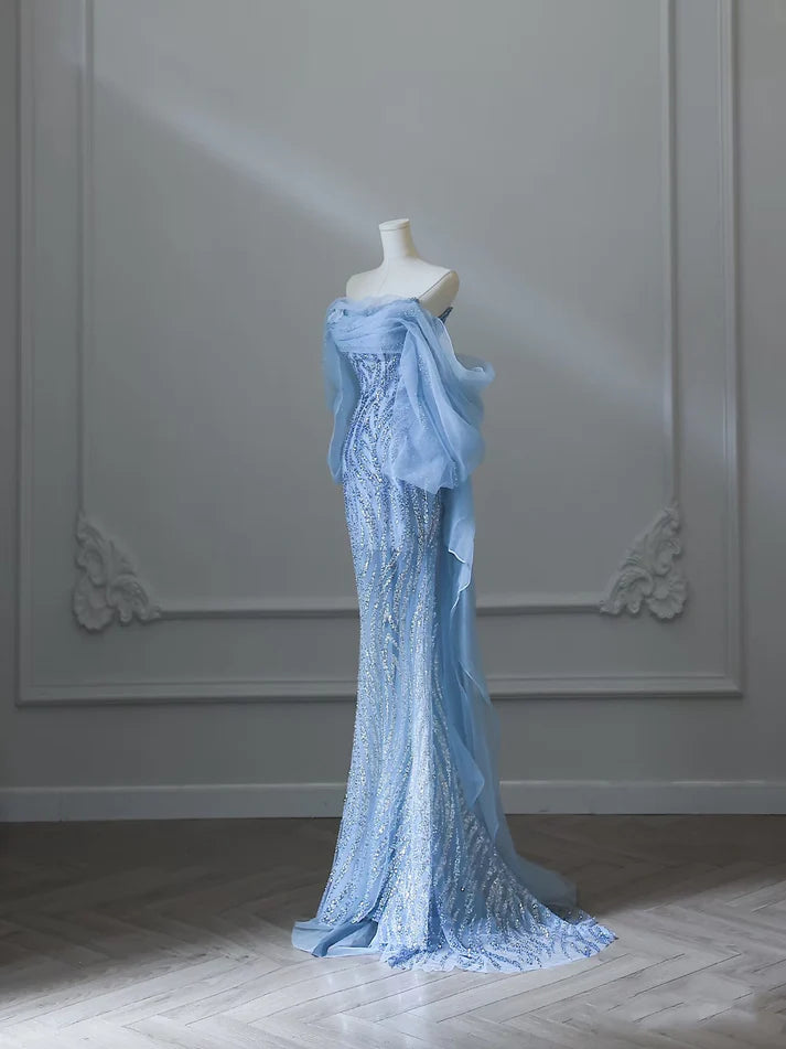 Blaues wunderschönes, modisches, exquisites, perlenbesetztes, langes, bodenlanges Tüll-Abschlussballkleid, Abendkleid, Geburtstagspartykleid, NV3733