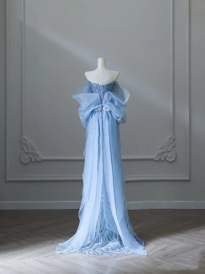 Blaues wunderschönes, modisches, exquisites, perlenbesetztes, langes, bodenlanges Tüll-Abschlussballkleid, Abendkleid, Geburtstagspartykleid, NV3733