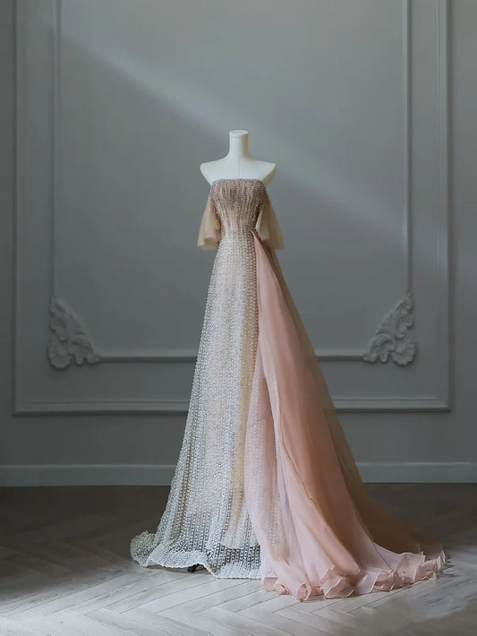 Pink Luxury Gorgeous Heavy Exquisite Beading Sexy A-Line Off Shoulder Sequin Long Tulle Elegant Ball Gown Evening Dress nv3813