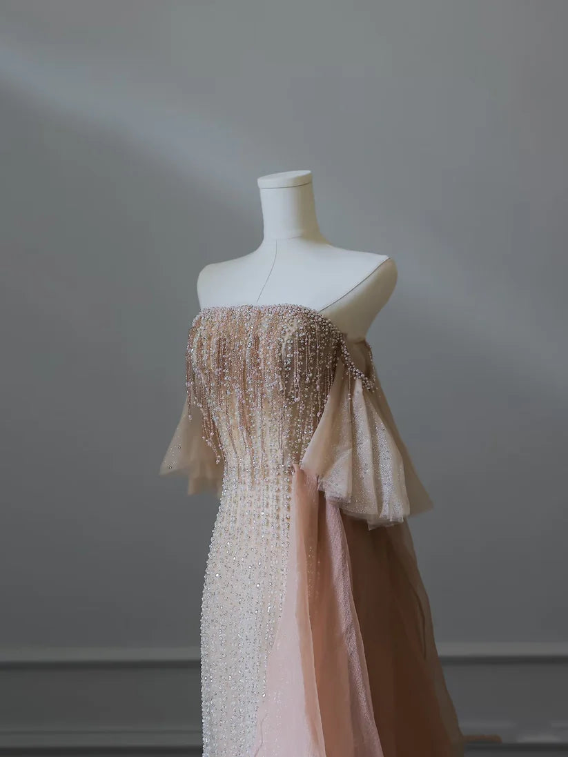 Robe de soirée élégante en tulle rose, luxueuse et luxueuse, avec perles exquises et sexy, coupe trapèze, épaules dénudées, sequins, longue, nv3813