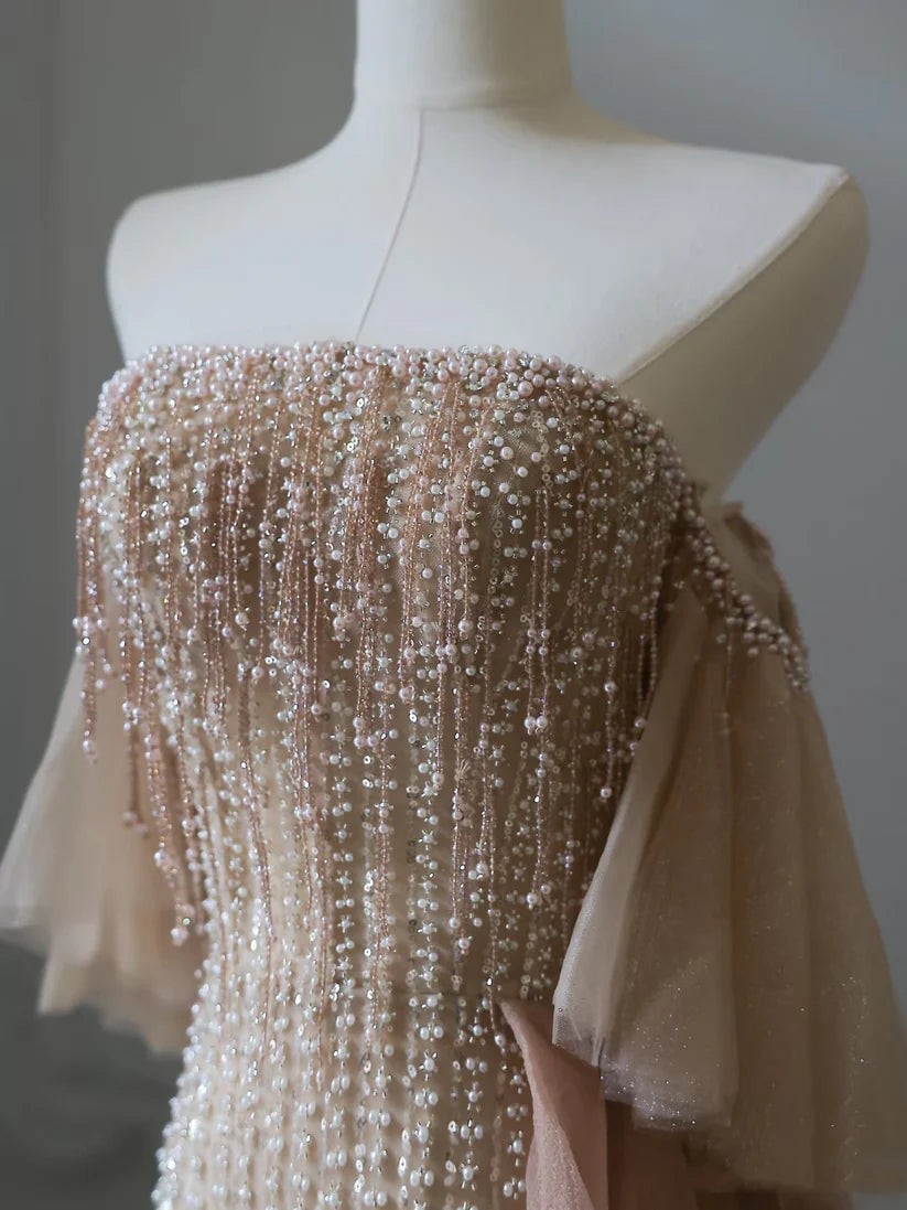Robe de soirée élégante en tulle rose, luxueuse et luxueuse, avec perles exquises et sexy, coupe trapèze, épaules dénudées, sequins, longue, nv3813