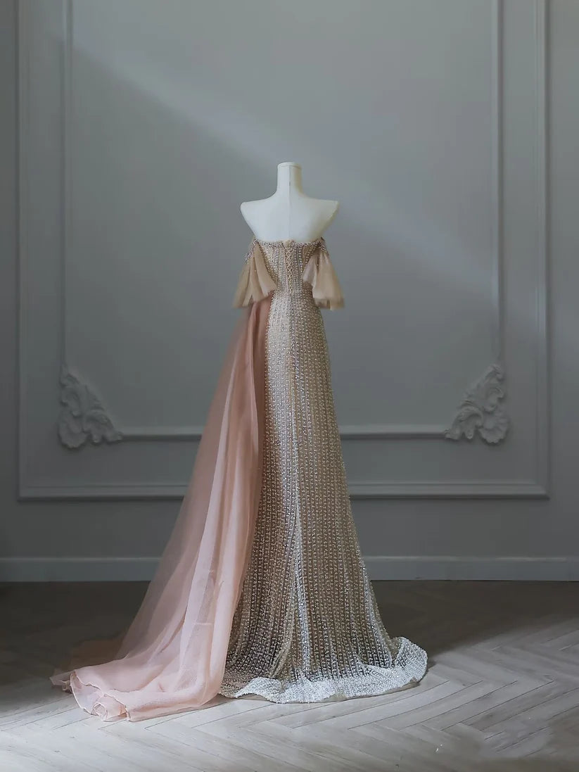 Robe de soirée élégante en tulle rose, luxueuse et luxueuse, avec perles exquises et sexy, coupe trapèze, épaules dénudées, sequins, longue, nv3813