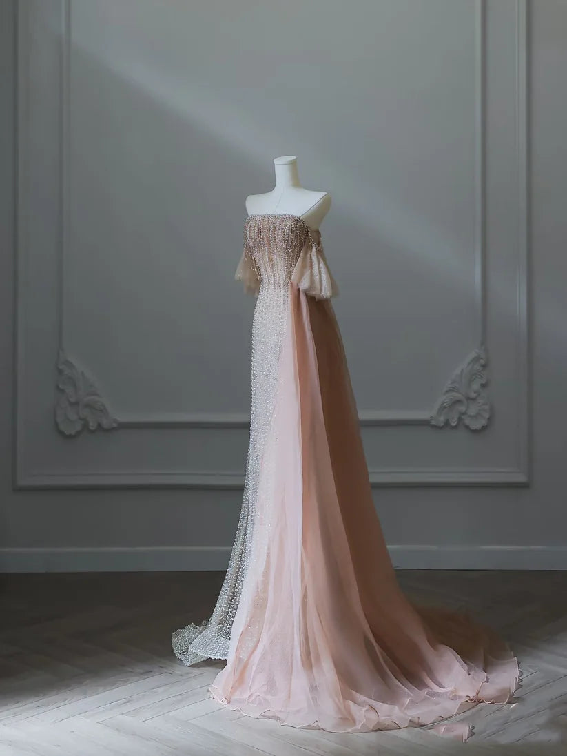 Robe de soirée élégante en tulle rose, luxueuse et luxueuse, avec perles exquises et sexy, coupe trapèze, épaules dénudées, sequins, longue, nv3813