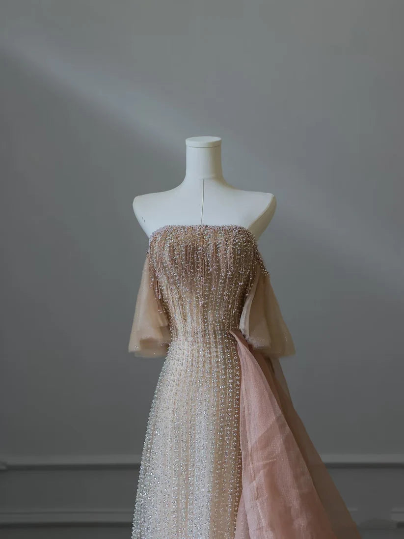 Robe de soirée élégante en tulle rose, luxueuse et luxueuse, avec perles exquises et sexy, coupe trapèze, épaules dénudées, sequins, longue, nv3813