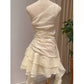 Robe de soirée courte en mousseline de soie jaune douce et mignonne, ligne A, une épaule, robe d'anniversaire, robe de soirée nv2968