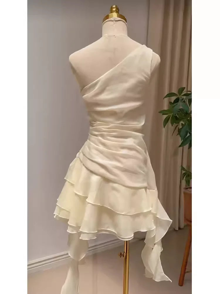 Robe de soirée courte en mousseline de soie jaune douce et mignonne, ligne A, une épaule, robe d'anniversaire, robe de soirée nv2968