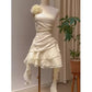 Robe de soirée courte en mousseline de soie jaune douce et mignonne, ligne A, une épaule, robe d'anniversaire, robe de soirée nv2968
