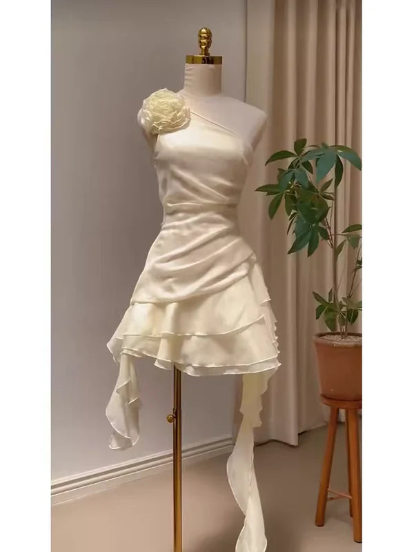Robe de soirée courte en mousseline de soie jaune douce et mignonne, ligne A, une épaule, robe d'anniversaire, robe de soirée nv2968