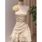 Robe de soirée courte en mousseline de soie jaune douce et mignonne, ligne A, une épaule, robe d'anniversaire, robe de soirée nv2968