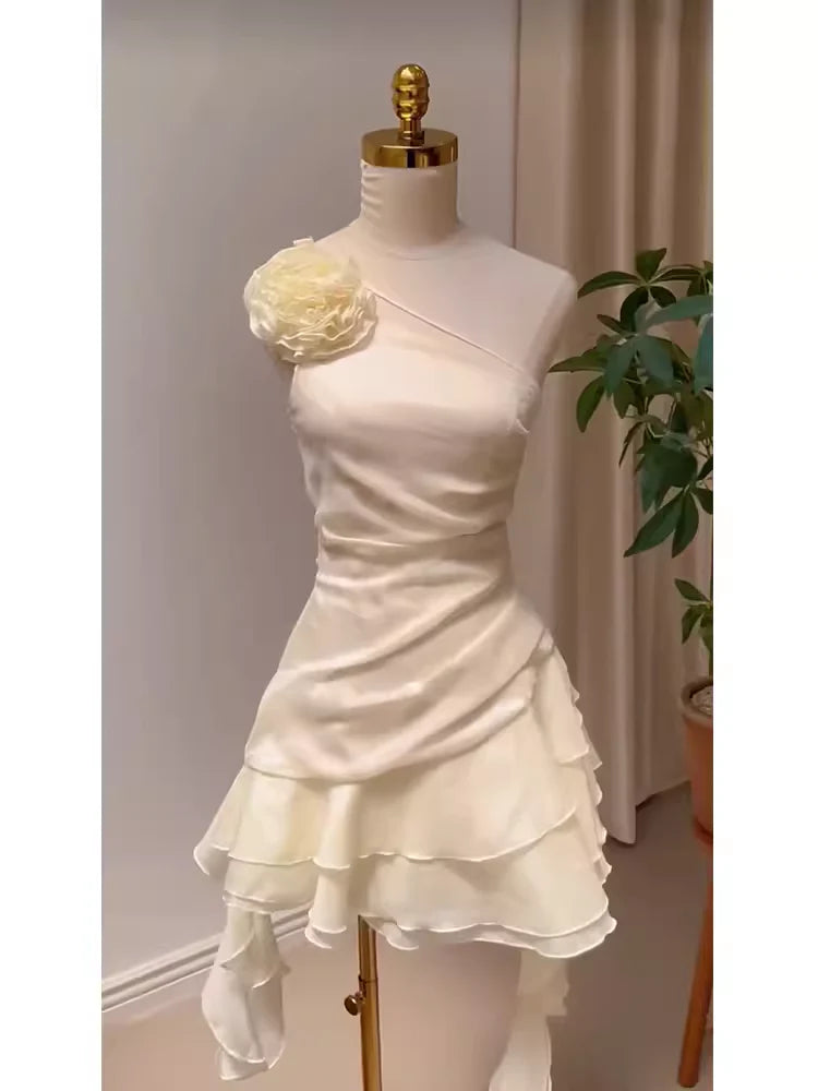 Robe de soirée courte en mousseline de soie jaune douce et mignonne, ligne A, une épaule, robe d'anniversaire, robe de soirée nv2968