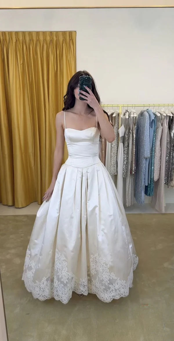 NiceVestidos – Ärmelloses, bodenlanges Brautkleid aus weißem Satin mit Spitze in A-Linie, NV5782