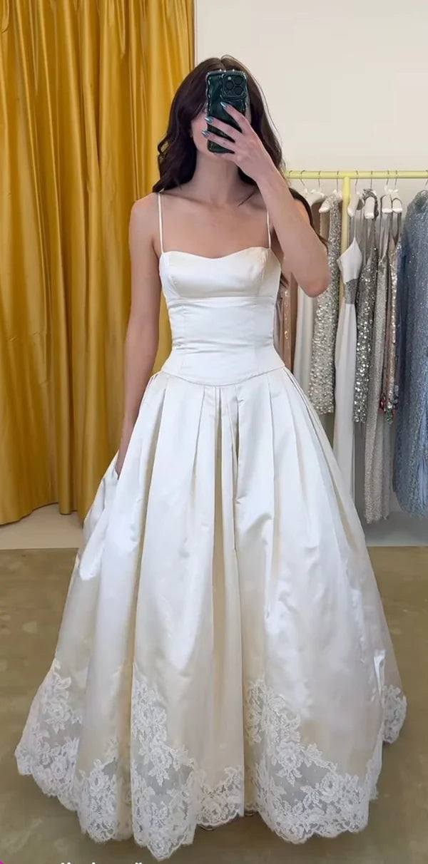 NiceVestidos – Ärmelloses, bodenlanges Brautkleid aus weißem Satin mit Spitze in A-Linie, NV5782
