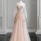 Robe de soirée longue en tulle rose scintillante, épaules dénudées, perlée et élégante, nv3475