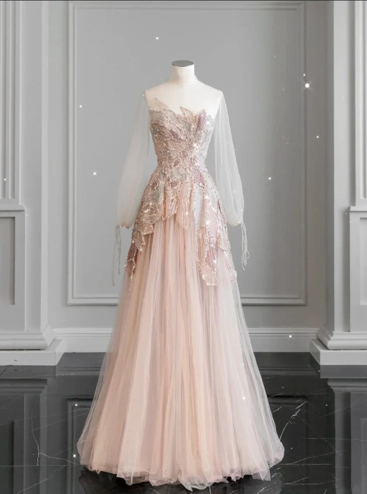 Robe de soirée longue en tulle rose scintillante, épaules dénudées, perlée et élégante, nv3475