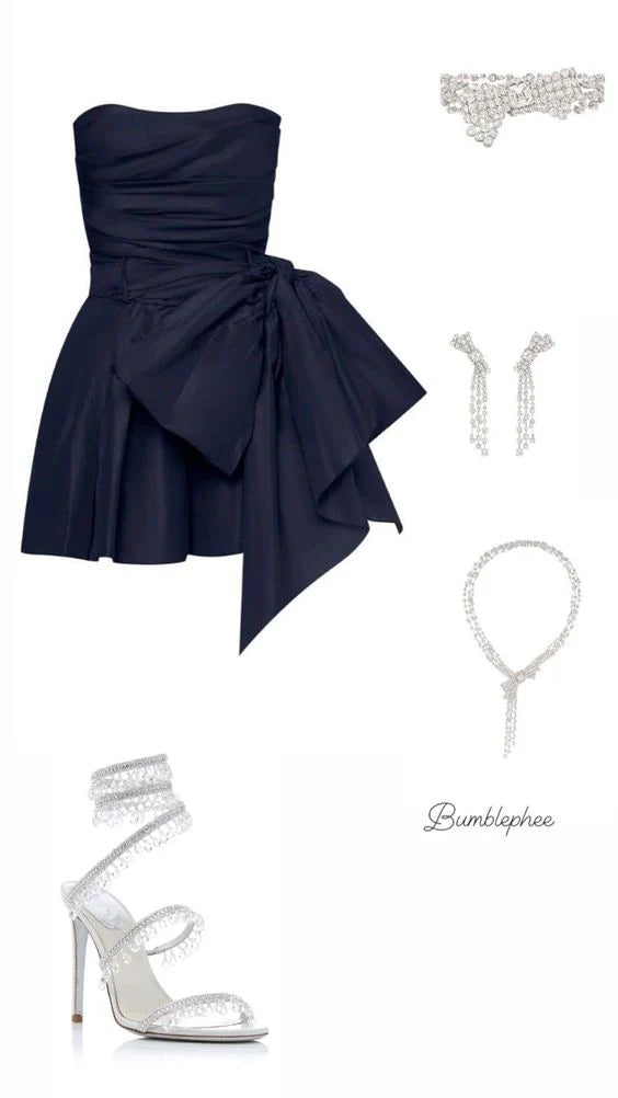 Marineblaues schulterfreies, modisches, kurzes Satin-Heimkehrkleid, Geburtstagspartykleid, NV5279