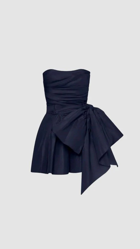 Marineblaues schulterfreies, modisches, kurzes Satin-Heimkehrkleid, Geburtstagspartykleid, NV5279