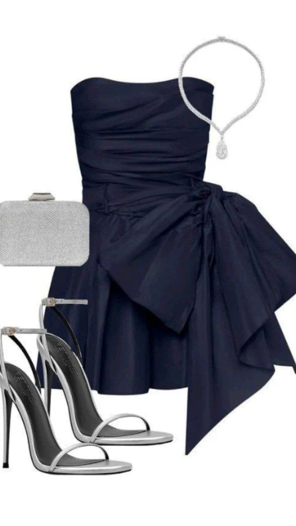 Marineblaues schulterfreies, modisches, kurzes Satin-Heimkehrkleid, Geburtstagspartykleid, NV5279