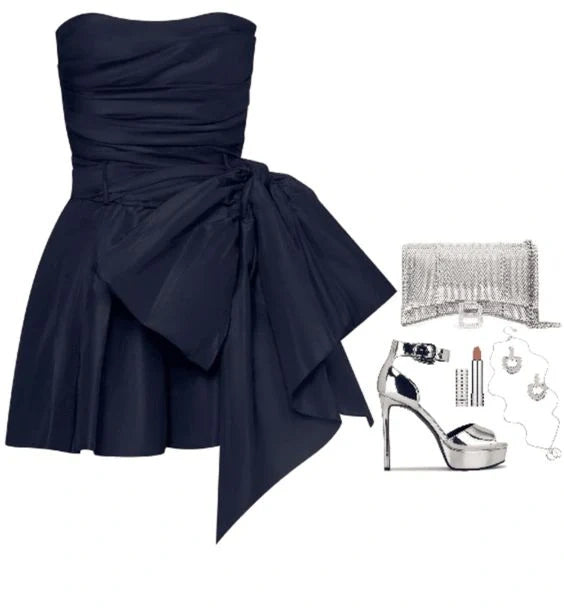 Marineblaues schulterfreies, modisches, kurzes Satin-Heimkehrkleid, Geburtstagspartykleid, NV5279