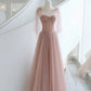 A-Linie, Rundhalsausschnitt, langes Ballkleid aus Tüll in Rosa, formelles Abendkleid in Rosa, nv1528