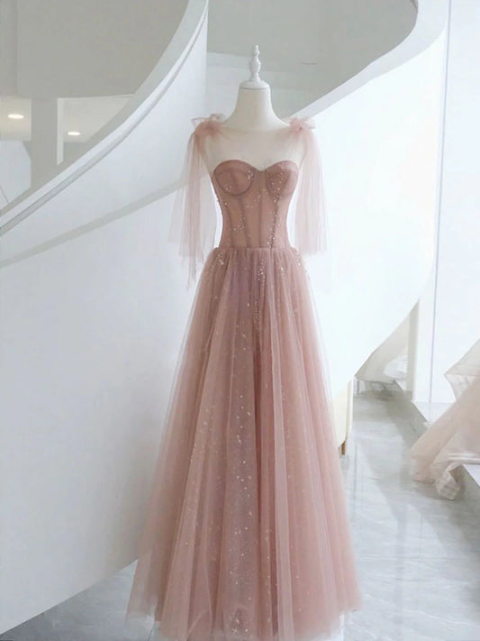 A-Linie, Rundhalsausschnitt, langes Ballkleid aus Tüll in Rosa, formelles Abendkleid in Rosa, nv1528