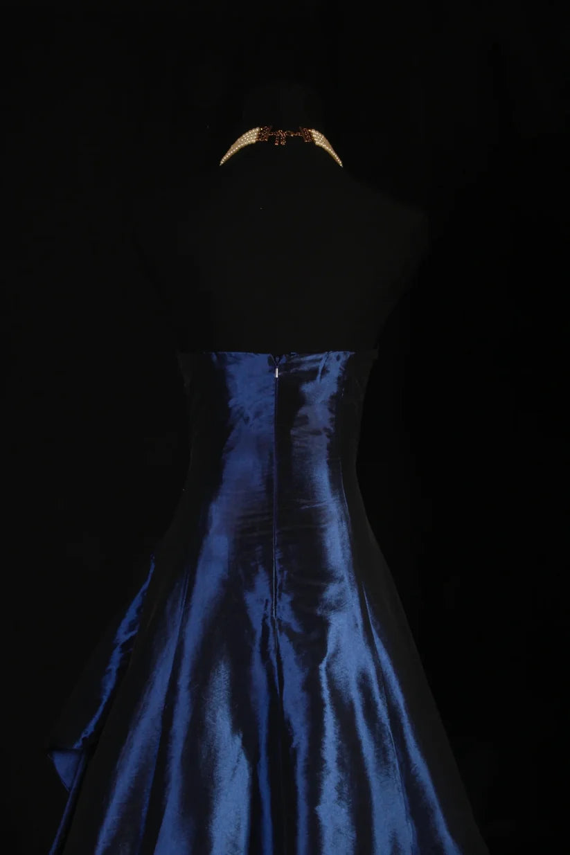 Marineblau Wunderschönes glänzendes Vintage-Mode-Schulterfreies, exquisites, langes Satin-Ballkleid mit Perlenbesatz, elegantes Partykleid, Abschlussballkleid nv3852