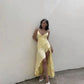 Robe de soirée longue jaune à bretelles spaghetti et ourlet irrégulier nv2310