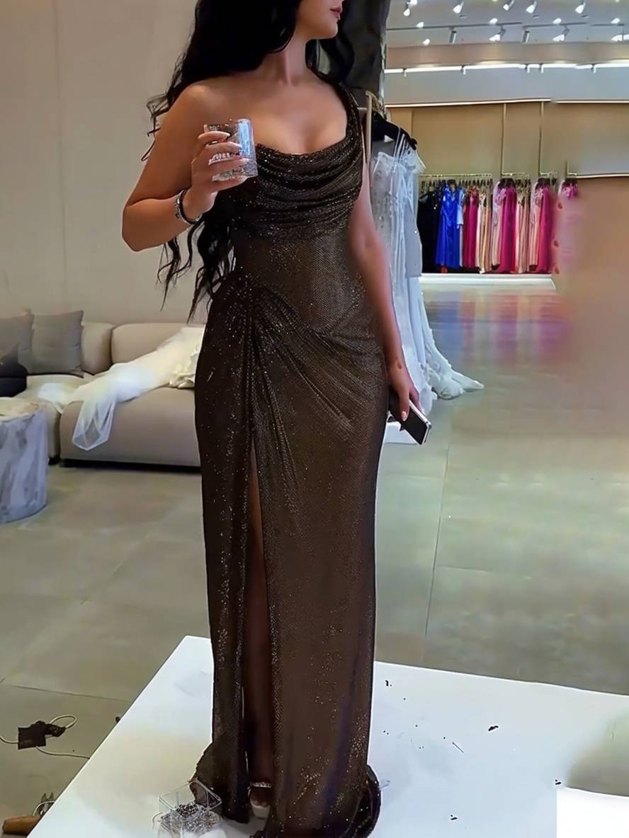 Brown Shiny Sequin Maxi Dress Long Ball Gown Evening Dress nv2668