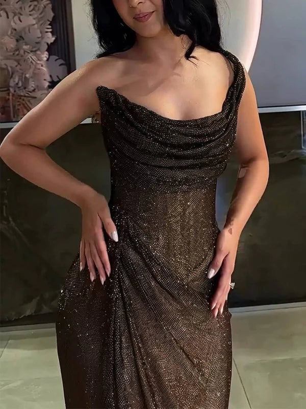 Brown Shiny Sequin Maxi Dress Long Ball Gown Evening Dress nv2668