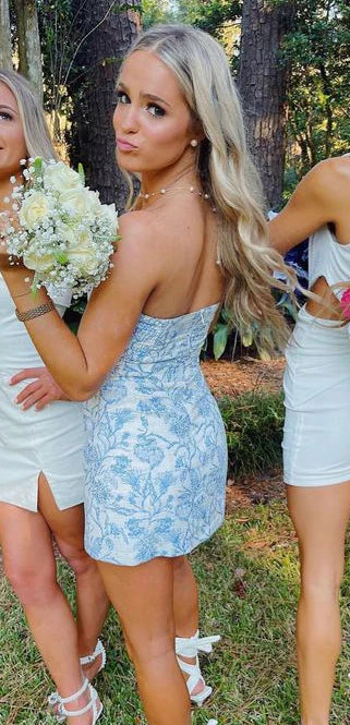 blaues florales schulterfreies süßes kurzes figurbetontes Homecoming-Kleid Cocktailkleid Ballkleid Partykleid nv1730