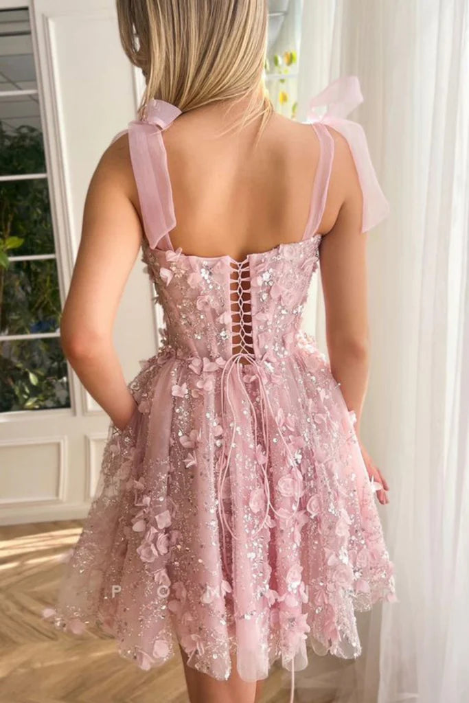 Süße A-Linie rosa Ballkleider mit Spitze und Blumenmuster, rosa Homecoming-Kleider mit Perlenbesatz, kurze rosa Abendkleider mit 3D-Blumen nv1510